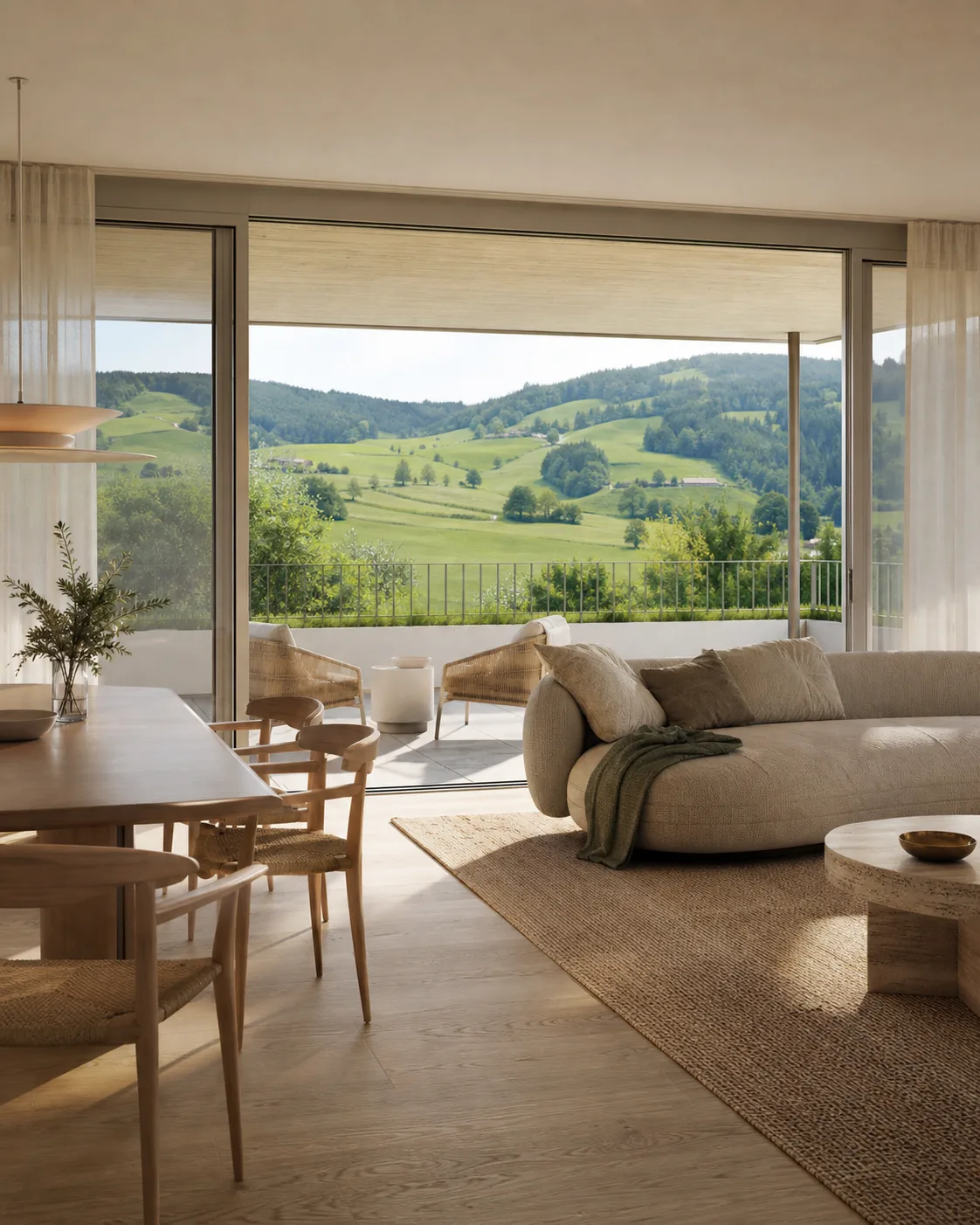 Intérieur lumineux ouvert sur le paysage